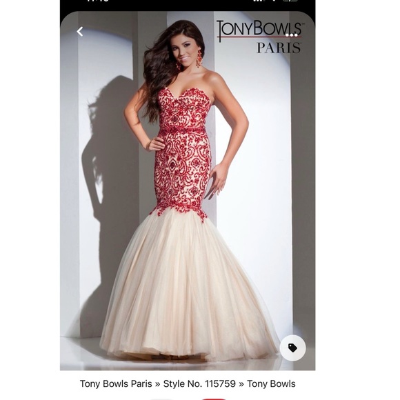 Tony Bowls Nude Prom Mermaid Gown With Red Beading (size 4) - Picture 1 of 12